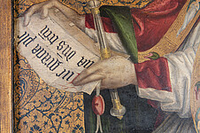 Köln, Dom, Marienkapelle, Altar der Stadtpatrone, rechter Außenflügel, Urkunde Gabriels mit anhängendem Siegel